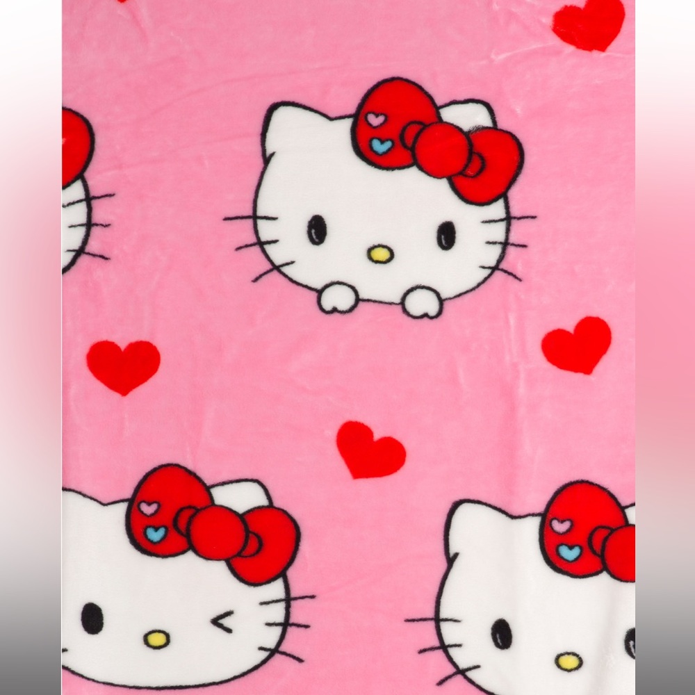 Hello Kitty Pink Plush Throw Blanket Red Hearts Bows Winking Hello Kitty 60”x70”